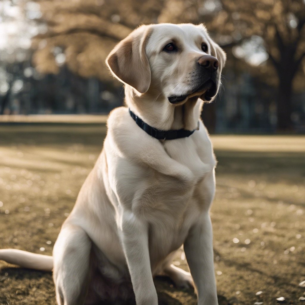 Cinematic image of a Labrador, sitting in a park. Cinematic image of a Labrador, sitting in a park.